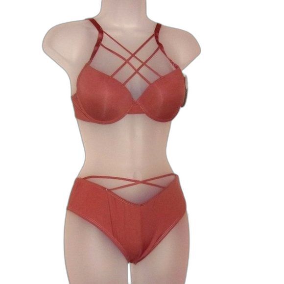 Youmita Cedarwood 38B Plunge Cage Front Bra & Large V-Cut Bikini Panties NWT - Picture 1 of 11